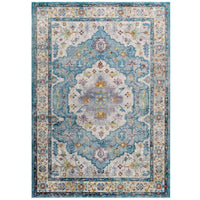 Modway - Success Médaillon vintage floral vieilli Anisah Tapis de comédie 8 pi l x 10 pi L - Bleu ivoire clair, jaune, orange-Tapis d’espace à médaillons vintage floraux vintage vieillis