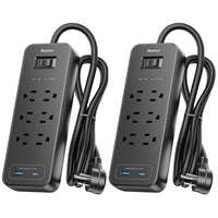 ShoppingAll - Huntkey parasurtenseur multiprise avec 6 prises et 2 ports USB – 4 pi – noir - Paquet de 2-Comprend 6 prises c.a., 1 port USB-A et 1 port USB-C avec sortie partagée de 5 V/2,4 A pour téléphones, tablettes, ordinateurs, téléviseurs et autres appareils du quotidien