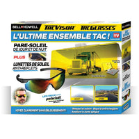 Bell + Howell - Kit de protection solaire et lunettes de soleil Tacvisor anti-éblouissement, polarisé HD et anti-UV pour pare-brise-Filtrage polarisé anti-éblouissement: lunettes anti-reflets + pare-soleil jour/nuit avec technologie polarisée pour réduire l’éblouissement du soleil, phares et reflets