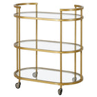 Hudson&Canal - Chariot de bar ovale Leif 30" de largeur - Laiton-Le plateau de la table et les étagères sont en verre trempé durable