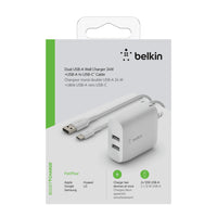 Belkin - Double chargeur mural USB-A avec 1 m PVC a-c, 24 W-1 m/3,3 pi. Câble USB-A vers USB-C inclus