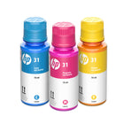 HP - Ensemble de bouteilles d'encre d'origine 31 CMY - Rendement standard - Paquet de 3-Imprimez tout ce que vous voulez sans vous soucier du coût de l’encre grâce aux bouteilles d’encre HP authentique grande capacité