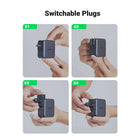 UGREEN - Chargeur Rapide 65W GaN de Voyage Mondial - 1x USB-A/2x USB-C-Idéal pour les Voyages : Les fiches interchangeables EU, US et UK rendent l'adaptateur de voyage universel très pratique et adapté aux voyages à travers le monde. Il supporte une tension universelle de 100V-240V. Ce chargeur de voyage est une excellente option si vous transportez beaucoup d'équipements ou voyagez avec des compagnons.