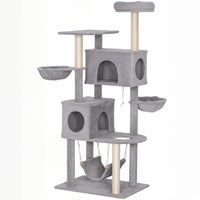 PawHut - Arbre à chat 66 po avec 2 condos à porte, grands hamacs - gris clair-Cette tour à chat à plusieurs niveaux avec deux condos offre des heures de jeu et d'exploration sans fin 