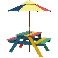Outsunny - Ensemble table de pique-nique et bancs pour enfants avec parasol amovible pour jardin - multicolore-Comprend une table de pique-nique, deux bancs et un parasol  
