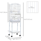 PawHut - Cage à oiseaux 62 po H avec accessoires, roulettes, support amovible, rangement - blanc-Comprend trois perchoirs en bois, une balançoire et quatre coupelles en plastique pour la nourriture et l'eau 