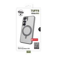 TUFF8 - Samsung Galaxy S25 - Étui robuste Glide360 compatible Qi2 - gris-Support rotatif à 360° : Support intégré qui pivote sous plusieurs angles pour une utilisation mains libres du téléphone.