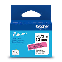 Brother - BTAGP31 Ruban non laminé rose avec texte noir authentique pour étiqueteuse P-touch, 12 mm (L) x 4 m (l)-Faites confiance à Brother pour tous vos projets.Pour tous vos besoins en matière d’étiquetage, faites confiance à Brother, la marque d’étiqueteuses la plus fiable au Canada.