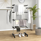 HOMCOM - Séchoir à vêtements 4 niveaux avec ailes latérales et roulettes pour intérieur/extérieur - noir-Comprend des étagères à 4 niveaux réglables en hauteur avec des pinces en forme de vague et 2 ailes latérales avec fentes 