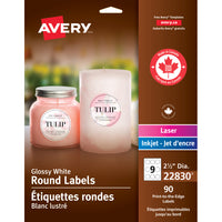 Avery -  Étiquettes rondes blanches glacées 22830, diamètre de 2 1/2 po, paq./90-Idéales pour les étiquettes de savon, de désinfectant pour les mains, de bougies et autres 
