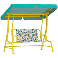 Qaba - Banc-balançoire hamac de patio pour enfants 2 places avec ceintures de sécurité, auvent réglable - jungle animal - vert-Cadre en A robuste en acier avec pieds antidérapants offrant une stabilité supérieure 