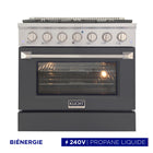 Kucht - 36 po Série KDF Cuisinière Pro Style au gaz propane - Acier inoxydable/Bleu clair-La cuisinière à gaz à 6 brûleurs comprend un brûleur double de 20 000 BTU avec mode mijotage, un brûleur de 15 000 BTU, un brûleur de 12 000 BTU, deux brûleurs de 9 000 BTU et un brûleur de 6 000 BTU
