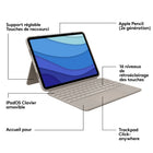 Étui clavier Logitech Combo Touch iPad Pro 11 pouces (1re, 2e, 3e, 4e générations - 2018, 2020, 2021, 2022)- Clavier rétroéclairé amovible - Sand-Grand trackpad Click Anywhere : cet étui avec clavier pour iPad avec trackpad réactif et fiable permet d'utiliser toute la surface du pavé tactile et d'effectuer des gestes Multi-Touch