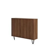 Nexera - Console de rangement 2 portes Slim, Noyer-D'une faible profondeur, ce meuble, sublimé par ses pieds épingles, offre un espace de rangement discret sur deux étagères intérieures derrière ses doubles portes en MDF en noyer