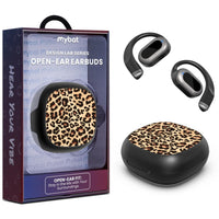 MyBat - Écouteurs Bluetooth Design Lab OpenEar noir et imprimé léopard élégants et confortables pour les modes de vie actifs-Design élégant à imprimé noir et léopard pour une déclaration de mode audacieuse