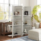 HOMCOM - Paravent autoportant 4 panneaux avec étagère de présentation pour bureau à domicile - blanc vieilli-Style persienne pour un design élégant, peut être utilisé comme fond 
