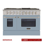 Kucht - 48 po Série KDF Cuisinière Pro Style au gaz naturel - Acier inoxydable/Bleu pâle-Cuisinière de classe professionnelle dotée de 2 brûleurs doubles de 20000 BTU avec fonction mijotage, 2 brûleurs de 12000 BTU, 2 brûleurs de 9000 BTU et 2 brûleurs de 6000 BTU