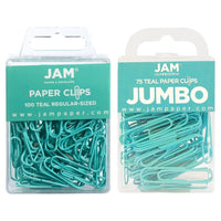 JAM Paper - Paquet combiné de trombones colourés - standard et jumbo - trombones sarcelle - 1 paquet de 100 et 1 paquet de 75-Couleur : Sarcelle