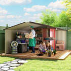 Abri de jardin Outsunny 11' x 13' avec kit de fondation - Jaune-Portes coulissantes doubles pour un accès facile
