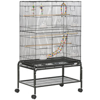 PawHut - Cage à oiseaux 52 po H avec support à roulettes, jouets, plateau amovible, étagère de rangement - noir-Espace de vie spacieux et espacement des barreaux de 0,4 po (1 cm), pour les diamants mandarins, inséparables, canaris, perruches ondulées, perruches et plus encore 