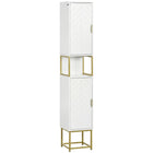 Kleankin - Armoire à linge de salle de bain étroite avec étagère réglable et deux portes - blanc-Motif en chevrons diamantés avec base dorée qui rehausse l’esthétique de la maison 