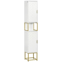 Kleankin - Armoire à linge de salle de bain étroite avec étagère réglable et deux portes - blanc-Motif en chevrons diamantés avec base dorée qui rehausse l’esthétique de la maison 