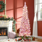 HOMCOM - Sapin de Noël artificiel forme crayon enneigé pré-illuminé - ouverture automatique - rose et blanc-La couleur rose crée une atmosphère douce 
