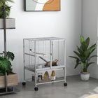 PawHut - Cage à deux niveaux pour furets, rats, cochons d’Inde 24 po L x 18 po l x 34 po H - gris clair-Un plateau amovible combiné à un filet supérieur pour capturer facilement la saleté 