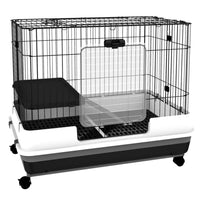 PawHut - Cage à deux niveaux pour lapin, cochon d’Inde, furet, 28 po H, plateau amovible - noir-Idéal pour les petits animaux comme les lapins, furets, chinchillas, et autres 