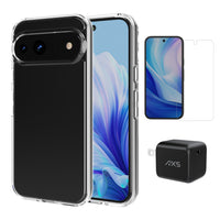 AXS - Ensemble de départ - étui ULTRA CLEAR transparent testé contre les chutes, protecteur d’écran et chargeur 30W pour Google Pixel 9 / Pixel 9 Pro - Clear-Étui résistant aux chutes avec des poches d’air absorbant les chocs