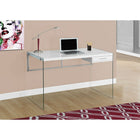 Monarch Specialties - 7209 Bureau 48 po L - Blanc Lustre/Verre Trempe-D'une taille parfaite pour pratiquement tous les ordinateurs portables, la table d'ordinateur dispose d'un tiroir de rangement pour les fournitures supplémentaires (14 po x 10 po) qui peut être assemblé sur le côté gauche ou droit