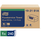 Tork - Lingettes universelles pour service alimentaire - 1 pli - Pliage 1/4 - Bleu/Blanc - 240 lingettes-Livré dans une boîte auto-distributrice facile à ranger, offrant portabilité et distribution contrôlée.