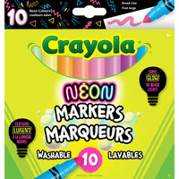 Crayola - Marqueurs lavables au néon - Paquet de 10-10 MARQUEURS LAVABLES NÉON POUR ENFANTS : Crée des œuvres d'art étonnamment lumineuses avec ce jeu de marqueurs néon lavables pour enfants, comprenant 10 couleurs uniques (3 couleurs néon vives et 7 couleurs fluorescentes).