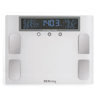 BIOS Living - Pèse-personne numérique haut de gamme-Il mesure : 1. Poids 2. Masse hydrique en % 3. Masse musculaire en % 4. IMC5. Masse grasse en % 6. Masse osseuse 7. Consommation de calories (KCAL)