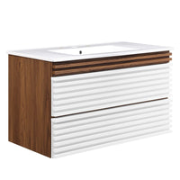 Modway - Render Support mural de 36" Vanette de salle de bain - Blanc Noyer Blanc-Vanité moderne du milieu du siècle