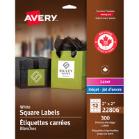 Avery - Étiquettes carrées blanches, pour impression jusqu’au bord, permanentes, 1 1/2 po x 1 1/2 po, paquet de 300 (22806)-Ne s’écornent pas, ne tombent pas 