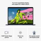 Apple - MacBook Air 15 po - M5 - 10 coeurs - 512 Go SSD - Mémoire unifiée 16 Go - Minuit-Caméra Center Stage 12 MPX - Pendant vos appels vidéo, restez automatiquement au milieu de l’image avec Cadrage centré ou utilisez Vue du bureau pour partager un plan en plongée de votre espace de travail. Et profitez d’un son incroyable grâce à un réseau de trois micros et un système à six haut-parleurs avec Audio spatial et Dolby Atmos