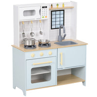 Qaba - Cuisine de jeu pour enfants avec cuisinière, micro-ondes, four, boutons rotatifs - bleu-Cuisinière, micro-ondes et four inclus pour un jeu réaliste 