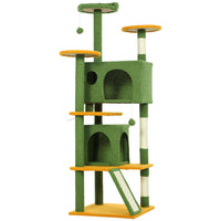 PawHut - Arbre à chat 63 po H, avec deux niches pour chat - vert-Le centre de jeu d'activités garde les chats divertis et actifs 
