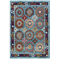 Modway - Entourage Treillis marocain floral vieilli d’Odile Tapis de 5 pi l x 8 pi L - Bleu, Rouge, Orange, Jaune-Tapis floral marocain vieilli usé
