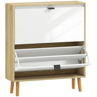 HOMCOM - Armoire à chaussures étroite avec 2 tiroirs basculants - blanc-Les portes avant à haute brillance associées à un cadre en chêne offrent un look moderne 