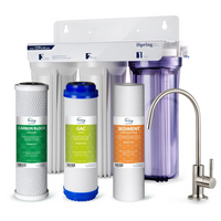 iSpring - US31 système de filtration d'eau sous l'évier à 3 étapes - sédiments, GAC et charbon-Filtre à eau potable classique: L'eau subit un processus de purification en 3 étapes: filtration des sédiments (PP), filtre à charbon (GAC) et une filtration CTO unique en 3e couche. Ce système élimine efficacement les sédiments courants de l'eau potable comme la poussière, le sable, les particules, la saleté et la rouille. De plus, il élimine les métaux lourds, les produits chimiques nocifs, la chloramine, la tur