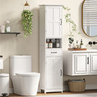 Kleankin - Armoire colonne de salle de bain avec étagère ouverte et tiroir - blanc-L'étagère dans chaque placard est réglable sur 3 niveaux, ce qui vous offre une flexibilité pour personnaliser les compartiments de rangement 