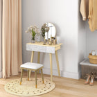 HOMCOM - Coiffeuse avec miroir - 27,6 po L x 15,4 po l x 50,4 po H - chêne, blanc-Les pieds et la structure de support sont fabriqués en bois de haute qualité, ce qui garantit une solidité et une durabilité à long terme 