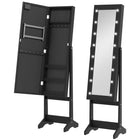 HOMCOM - Armoire à bijoux miroir avec lumières led - 14,25 po L x 11,75 po l x 53,5 po H - noir-Structure en MDF solide avec finition blanche, doublure noire pour protéger les bijoux des rayures 