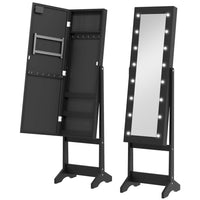 HOMCOM - Armoire à bijoux miroir avec lumières led - 14,25 po L x 11,75 po l x 53,5 po H - noir-Structure en MDF solide avec finition blanche, doublure noire pour protéger les bijoux des rayures 