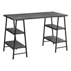 Monarch Specialties - 7526 Bureau 48 po L - Fausse Pierre Grise/Metal Noir-Bureau d'ordinateur de style industriel avec 4 tablettes fixes et ouvertes soutenues par des pieds de style chevalet dans une finition en métal noir
