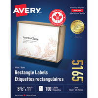 Avery - Étiquettes rectangulaires blaches avec TrueBlock, 8-1/2 po x 11 po, Paquet de 100 (5165)-11 po x 8 1/2 po, blanc