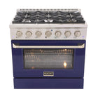 Kucht - 36 po Série KNG Cuisinière Pro Style au gaz propane - Acier inoxydable/Bleu-Cuisinière à gaz 6 brûleurs incluant un brûleur double de 20 000 BTU TrueSimmer, un brûleur de 15 000 BTU, un brûleur de 12 000 BTU, deux brûleurs de 9 000 BTU et un brûleur de 6 000 BTU pour un mijotage délicat