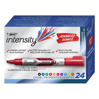 BIC - Marqueur effaçable à sec Intensity Advanced avec réservoir - Pointe biseautée - Couleurs assorties - Paquet de 24-Offre une écriture épaisse à odeur discrete